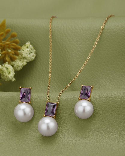 18kt Gold Plated Lavender CZ Pearl Necklace and Drop Earring Set