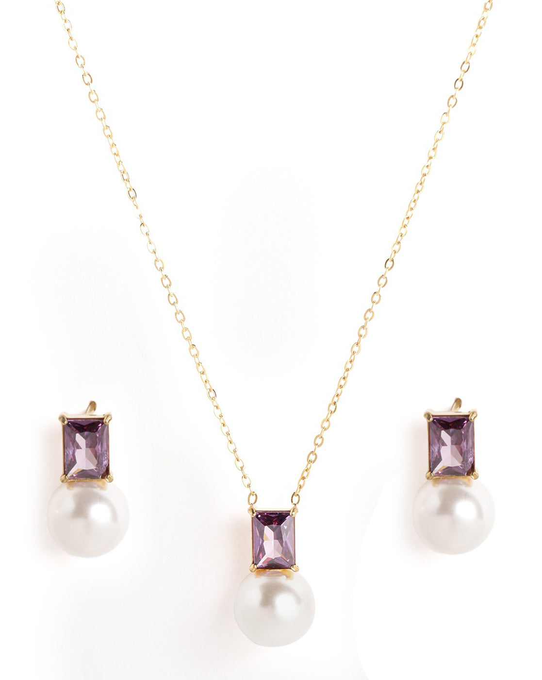 18kt Gold Plated Lavender CZ Pearl Necklace and Drop Earring Set