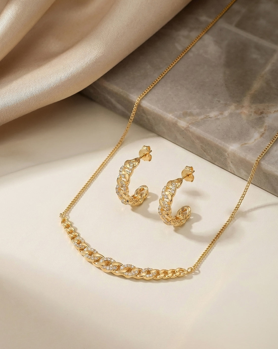 18kt Gold Plated CZ Necklace and Half Hoop Earring Set