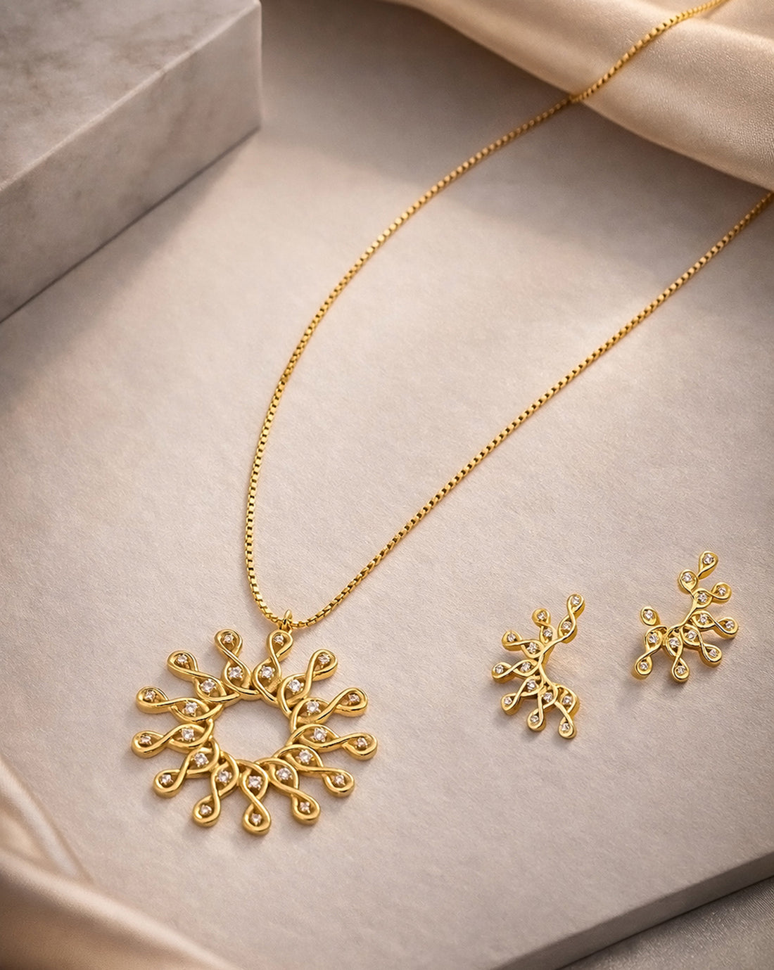 18kt Gold Plated CZ Sunburst Necklace and Earring Set