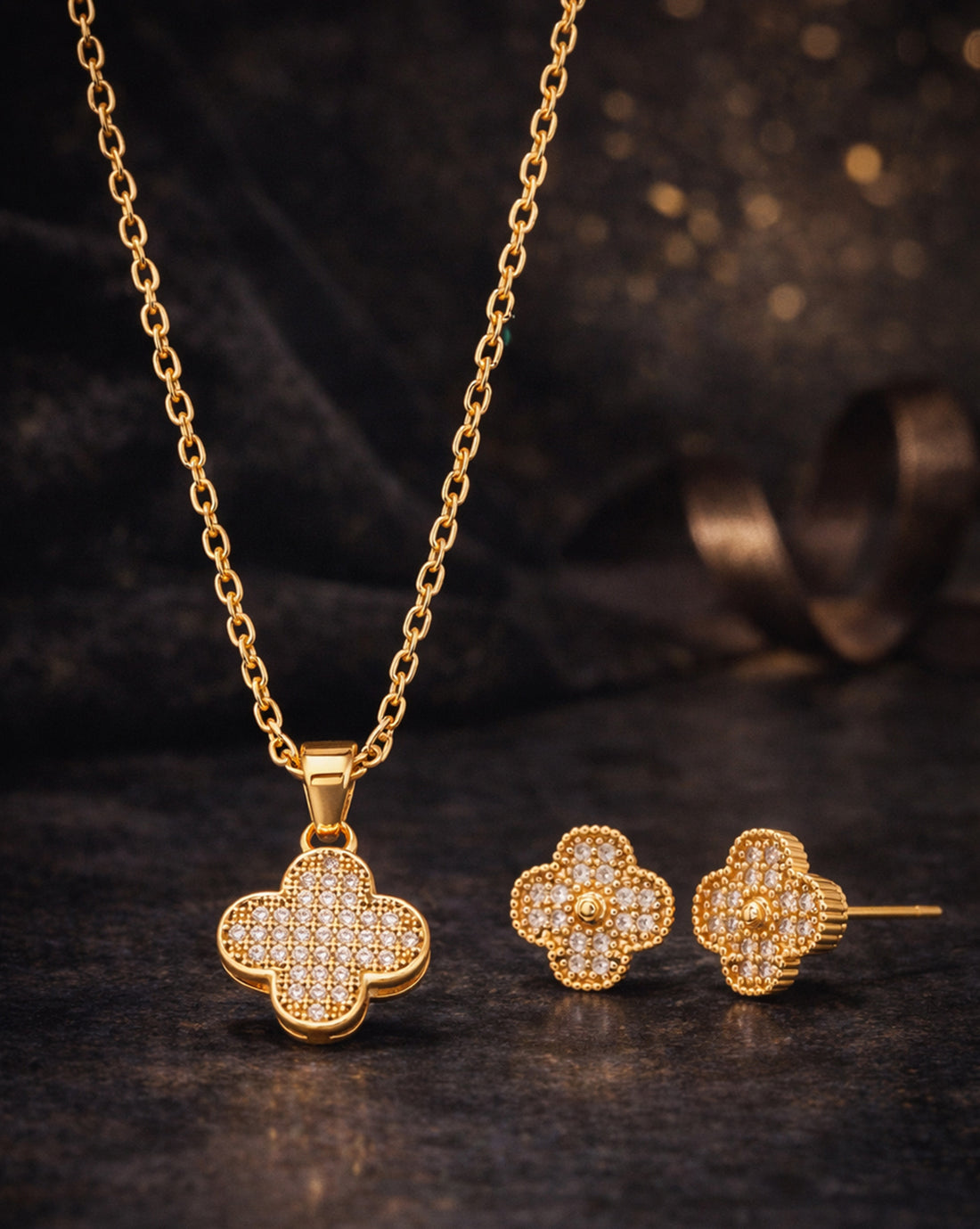 Gold Plated CZ Clover Necklace and Earring Set