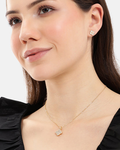 Gold Plated CZ Clover Necklace and Earring Set