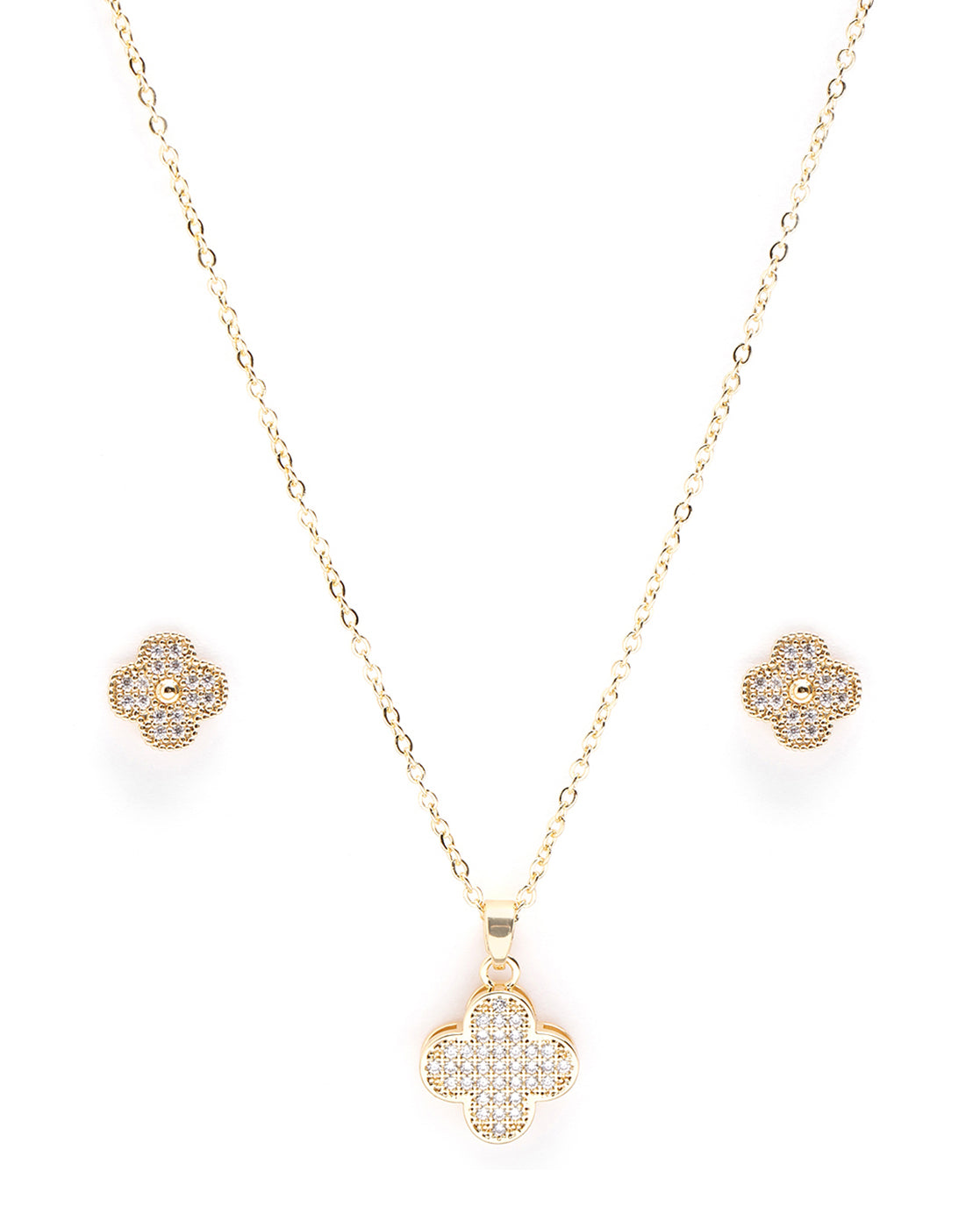 Gold Plated CZ Clover Necklace and Earring Set