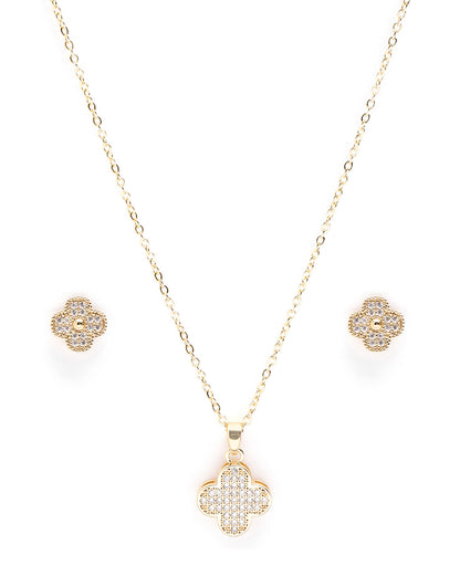Gold Plated CZ Clover Necklace and Earring Set