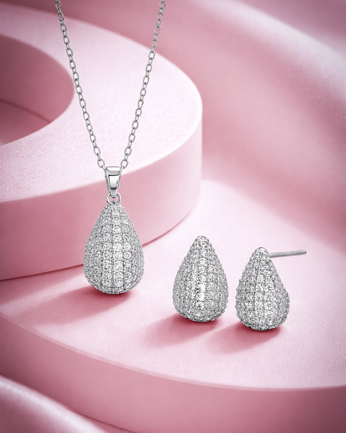 Silver Plated CZ Teardrop Necklace and Earring Set