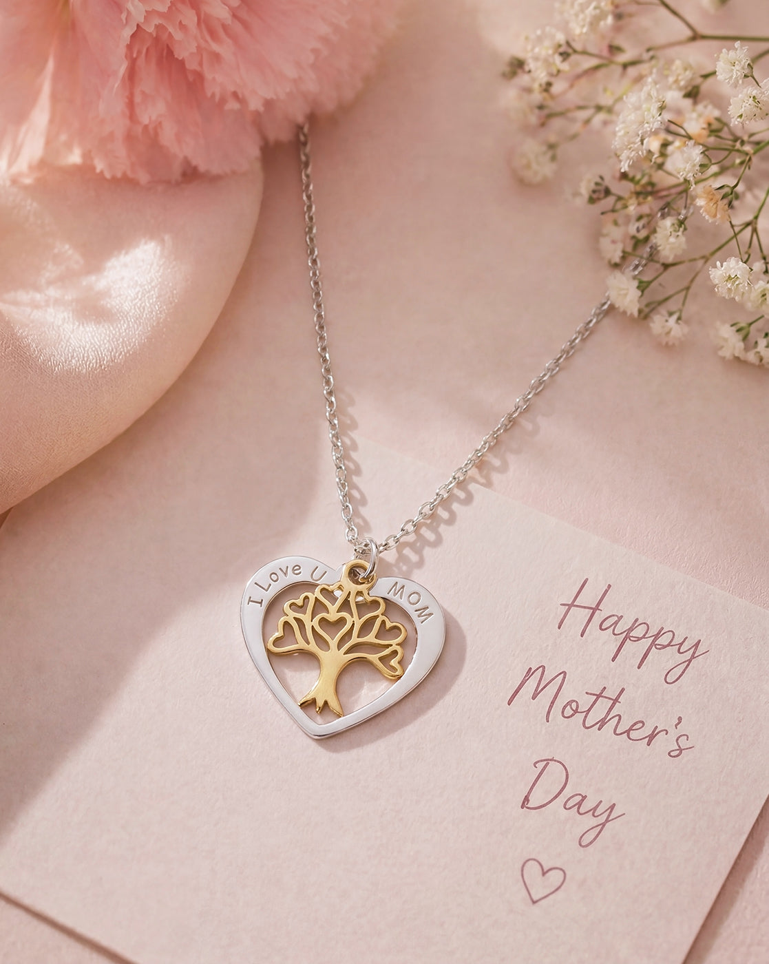 Rhodium and Gold Plated Heart Tree of Life I Love Mom Textured Pendant Necklace