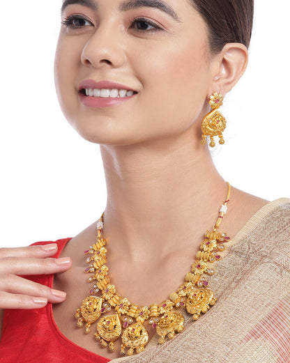 Gold-Plated Festive Floral Necklace Jewellery Set