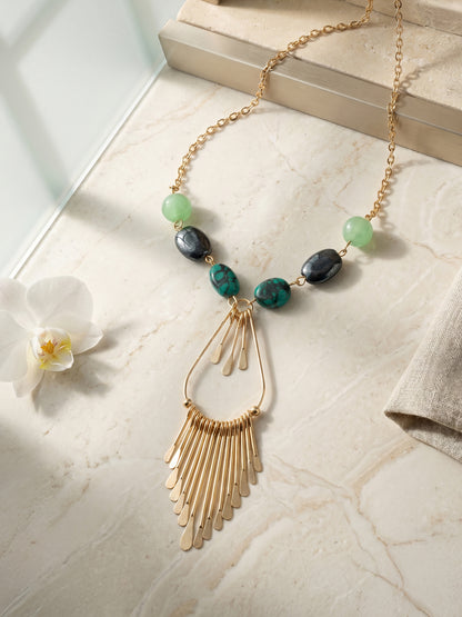 Green &amp; Navy Rose Gold-Plated Stone-Studded Tasselled Necklace