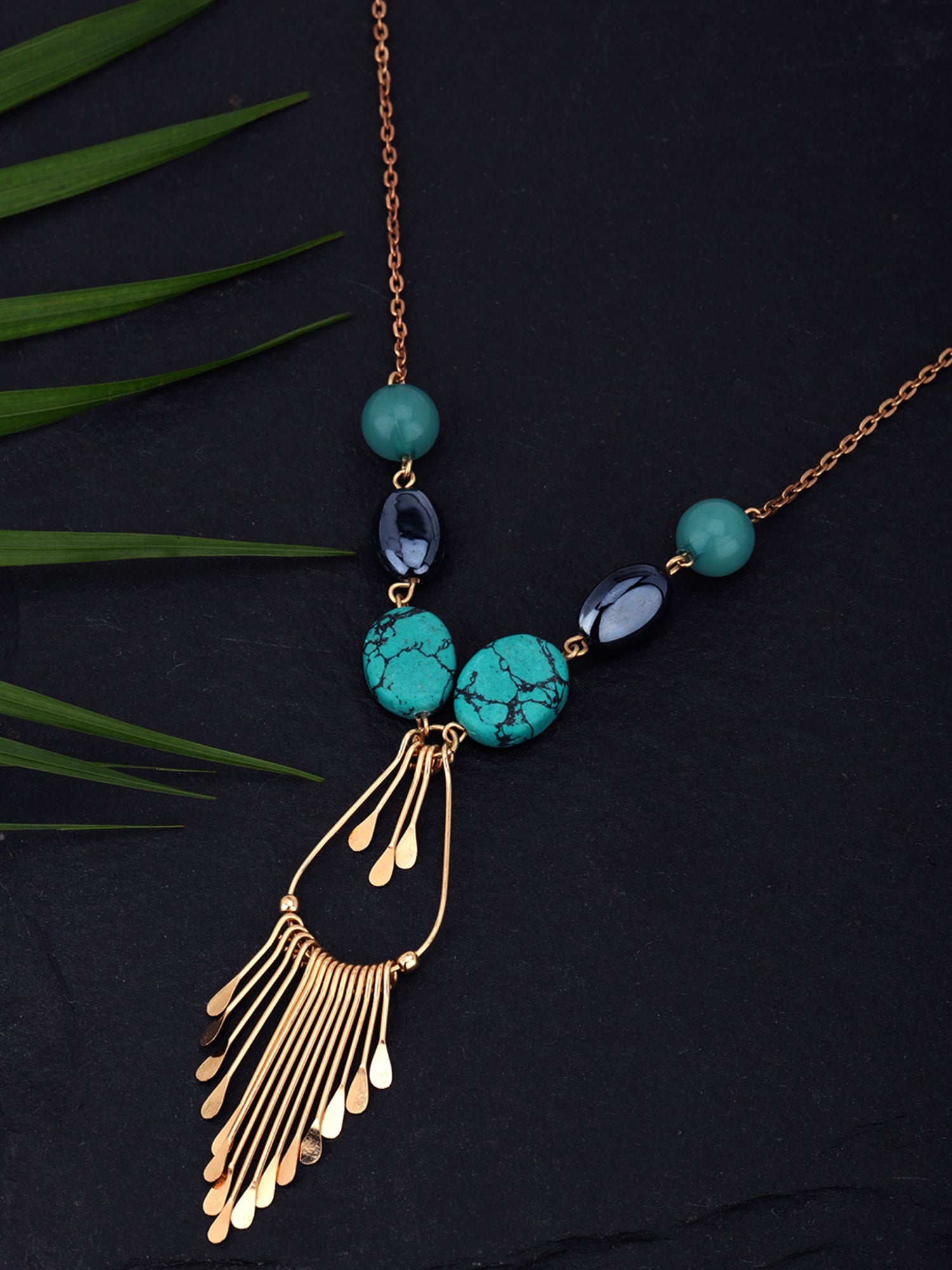 Green &amp; Navy Rose Gold-Plated Stone-Studded Tasselled Necklace