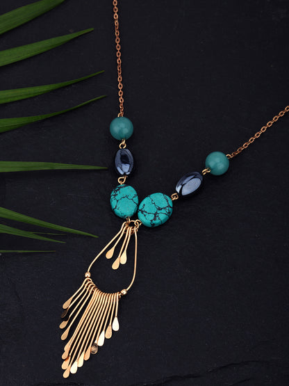 Green &amp; Navy Rose Gold-Plated Stone-Studded Tasselled Necklace