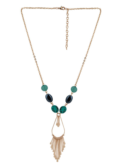 Green &amp; Navy Rose Gold-Plated Stone-Studded Tasselled Necklace