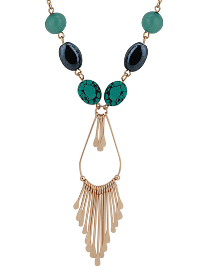 Green &amp; Navy Rose Gold-Plated Stone-Studded Tasselled Necklace