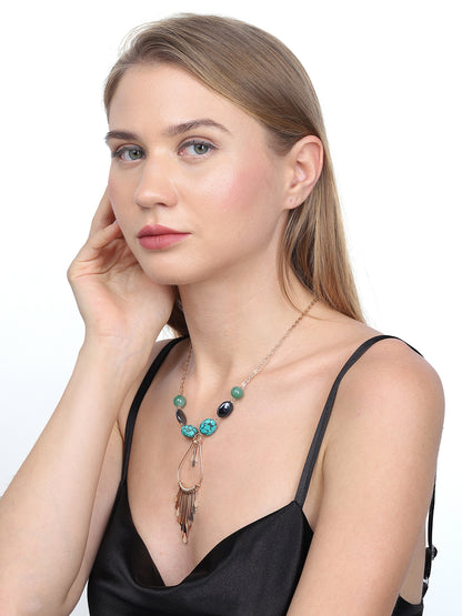 Green &amp; Navy Rose Gold-Plated Stone-Studded Tasselled Necklace