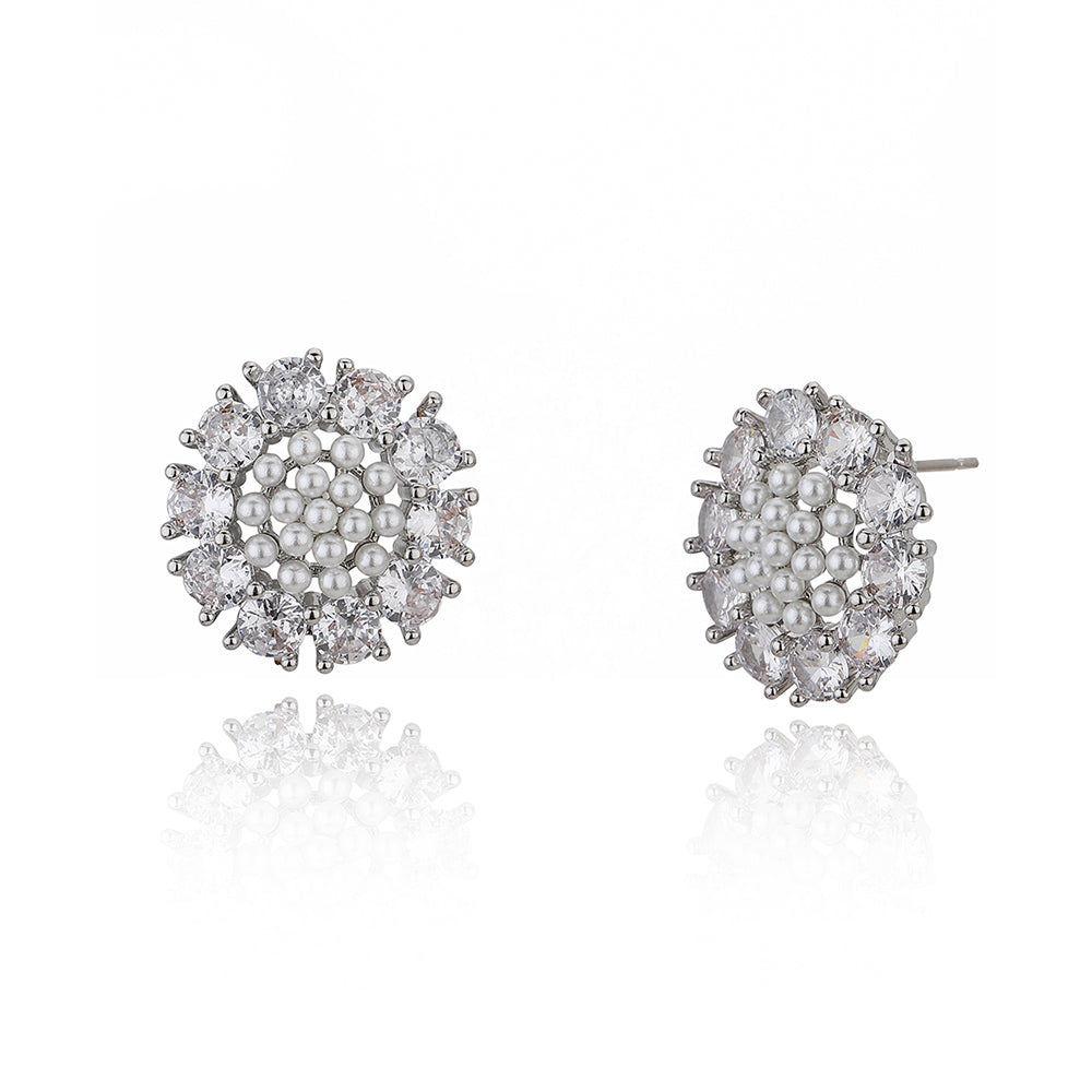 Carlton London Silver Toned Cz With Pearl Studded Stud Earring For Women