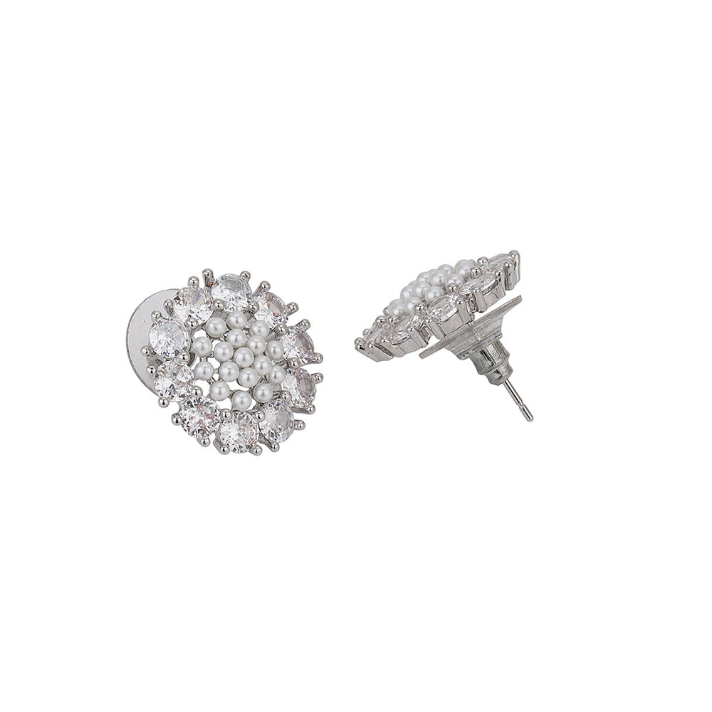 Carlton London Silver Toned Cz With Pearl Studded Stud Earring For Women