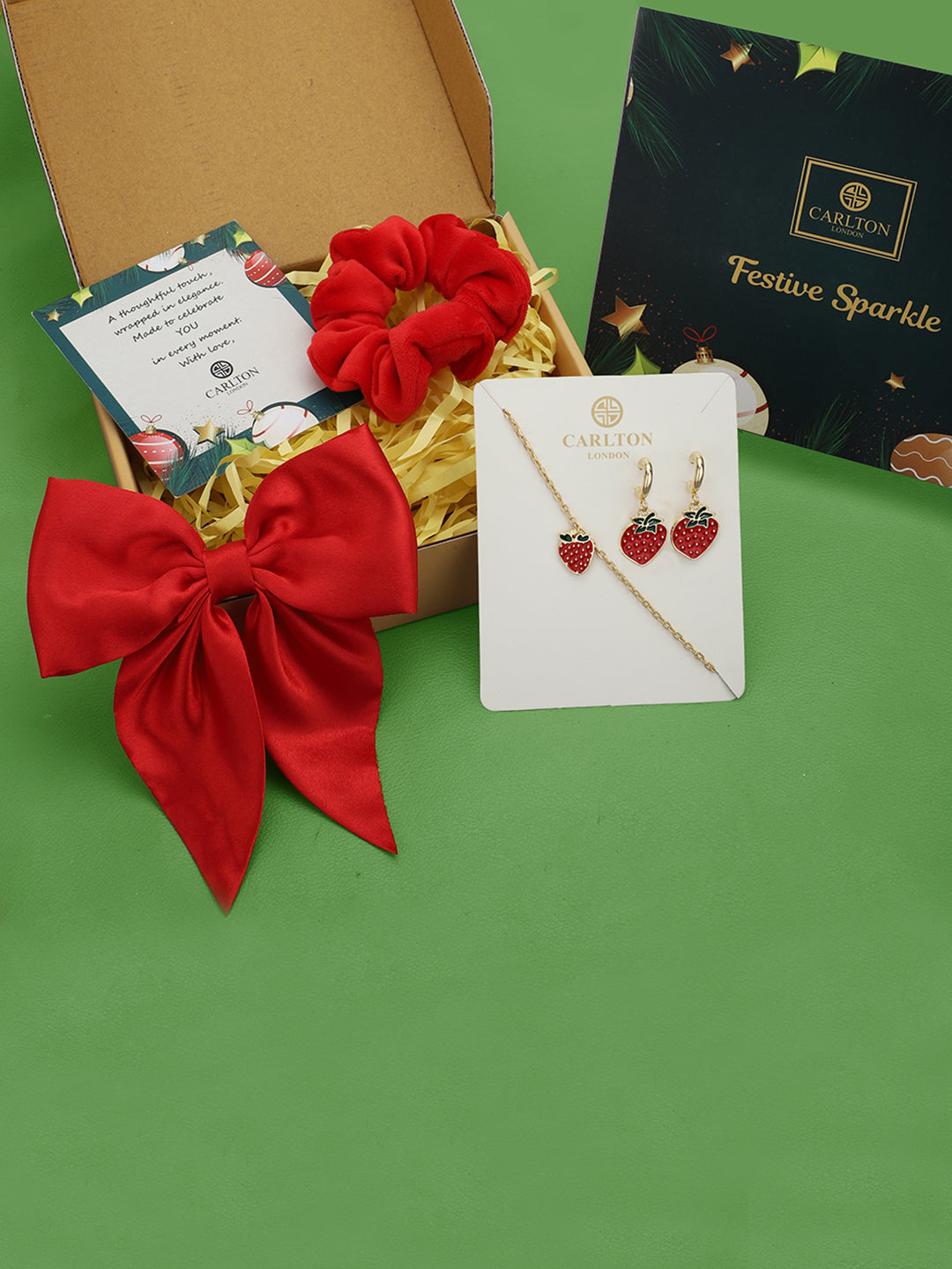 Red Luxe Kids Gift Box – Cherry Charm Bracelet & Cherry Drop Earrings, Red Bow Clip & Velvet Scrunchies Set