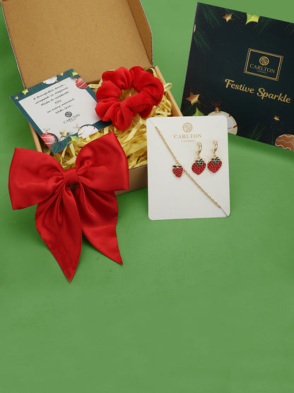 Red Luxe Kids Gift Box – Cherry Charm Bracelet &amp; Cherry Drop Earrings, Red Bow Clip &amp; Velvet Scrunchies Set