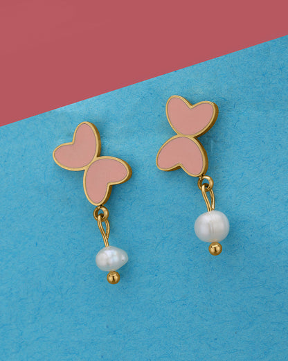 Girls 18kt Gold Plated Enamel Butterfly and Pearl Drop Earring