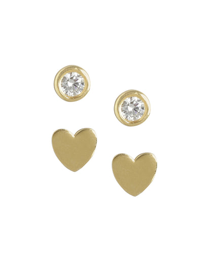 Set Of 2 18Kt Gold Plated With Cz &amp; Heart Stud Earring For Girls