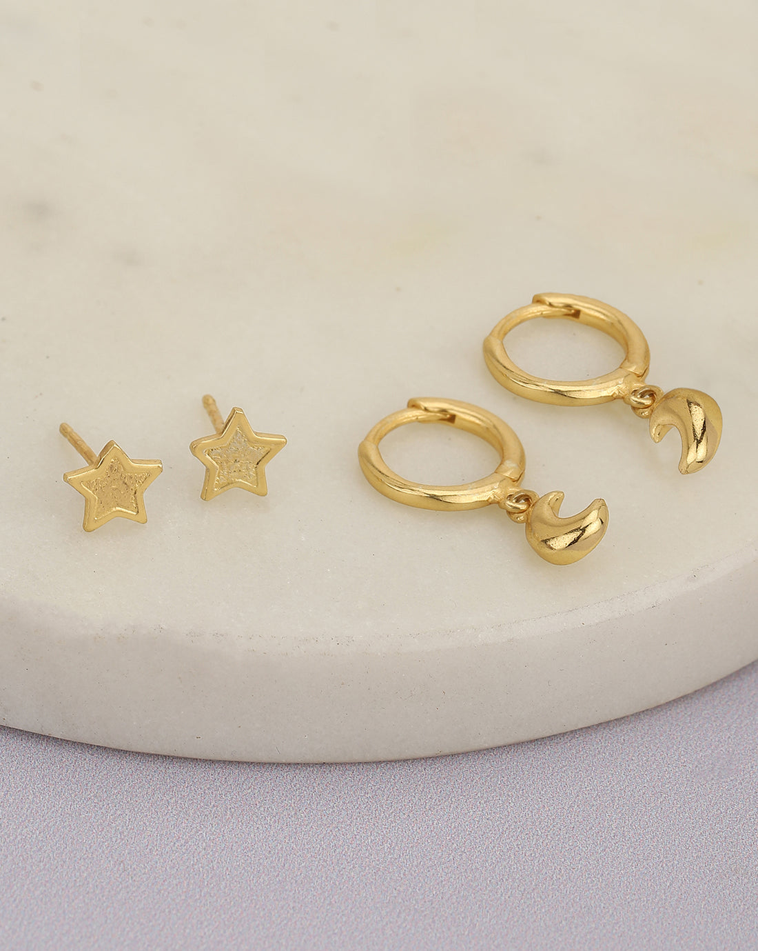 Set Of 2 18Kt Gold Plated With Moon &amp; Star Stud And Hoop Earring For Girls