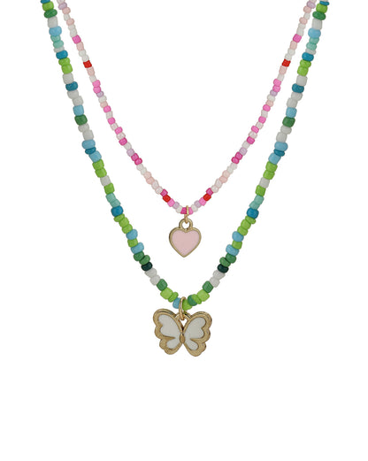 Set Of 2 Gold Plated With Enamel Heart &amp; Butterfly Necklace For Girl