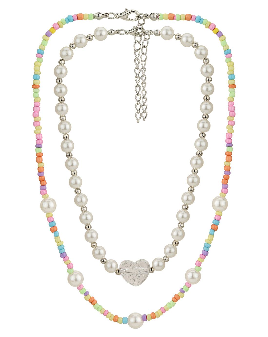 Set Of 2 Rhodium Plated With Pearl Neckalce For Girl