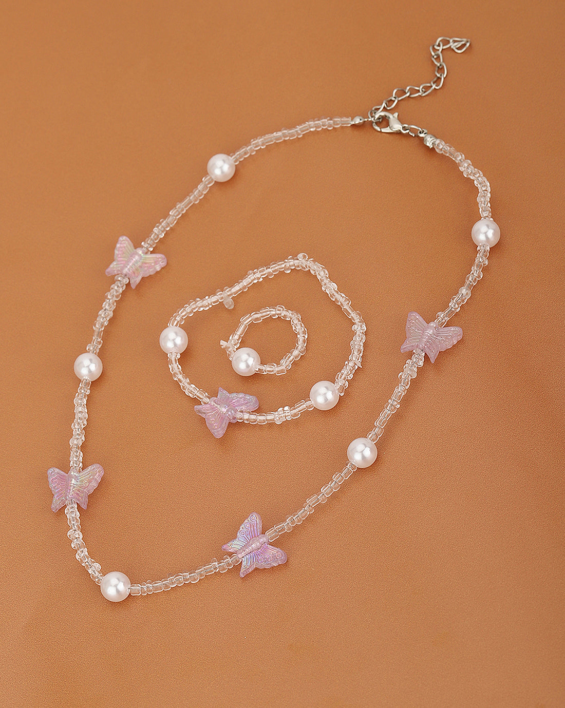 Rhodium Plated With Butterfly And Glass Bead Jewellery Set For Girl