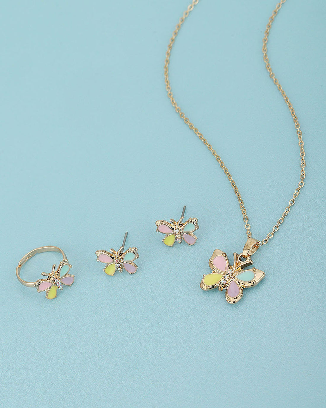 Gold Plated With Enamel And Butterfly Jewellery Set For Girl