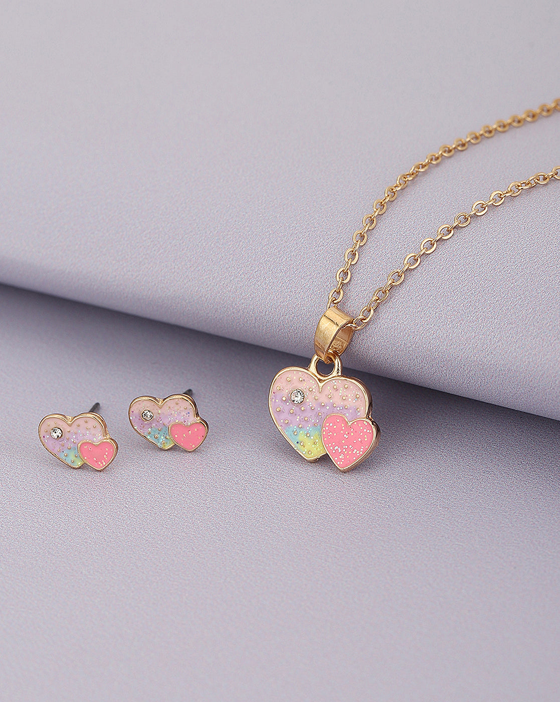 Gold Plated With Enamel And Heart Pendant Jewellery Set For Girl