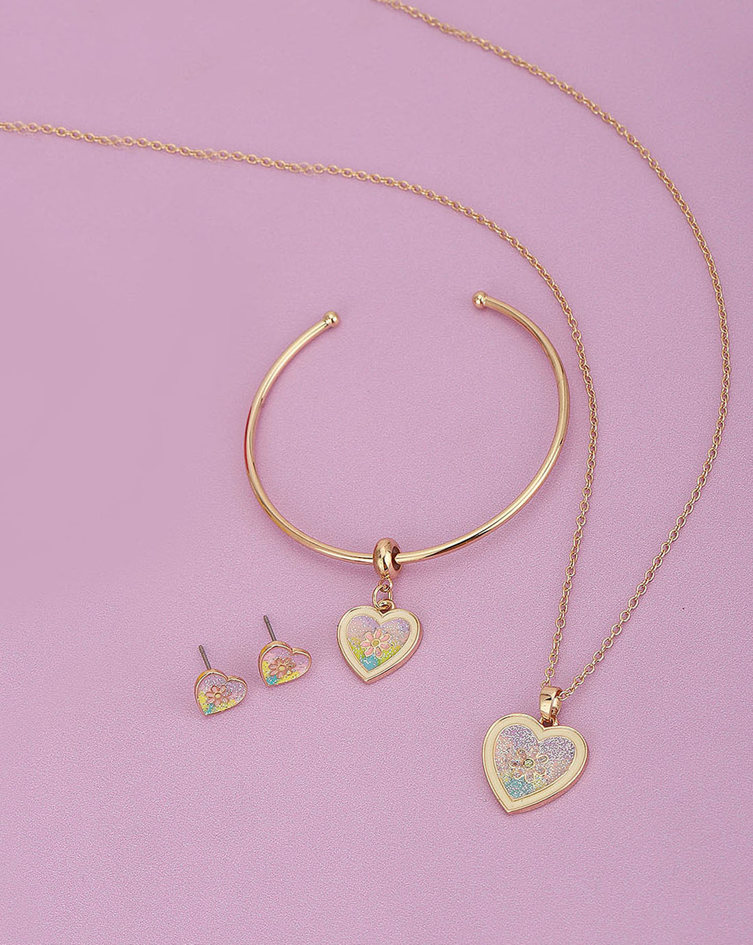 Gold Plated With Enamel &amp; Heart Jewellery Set For Girl