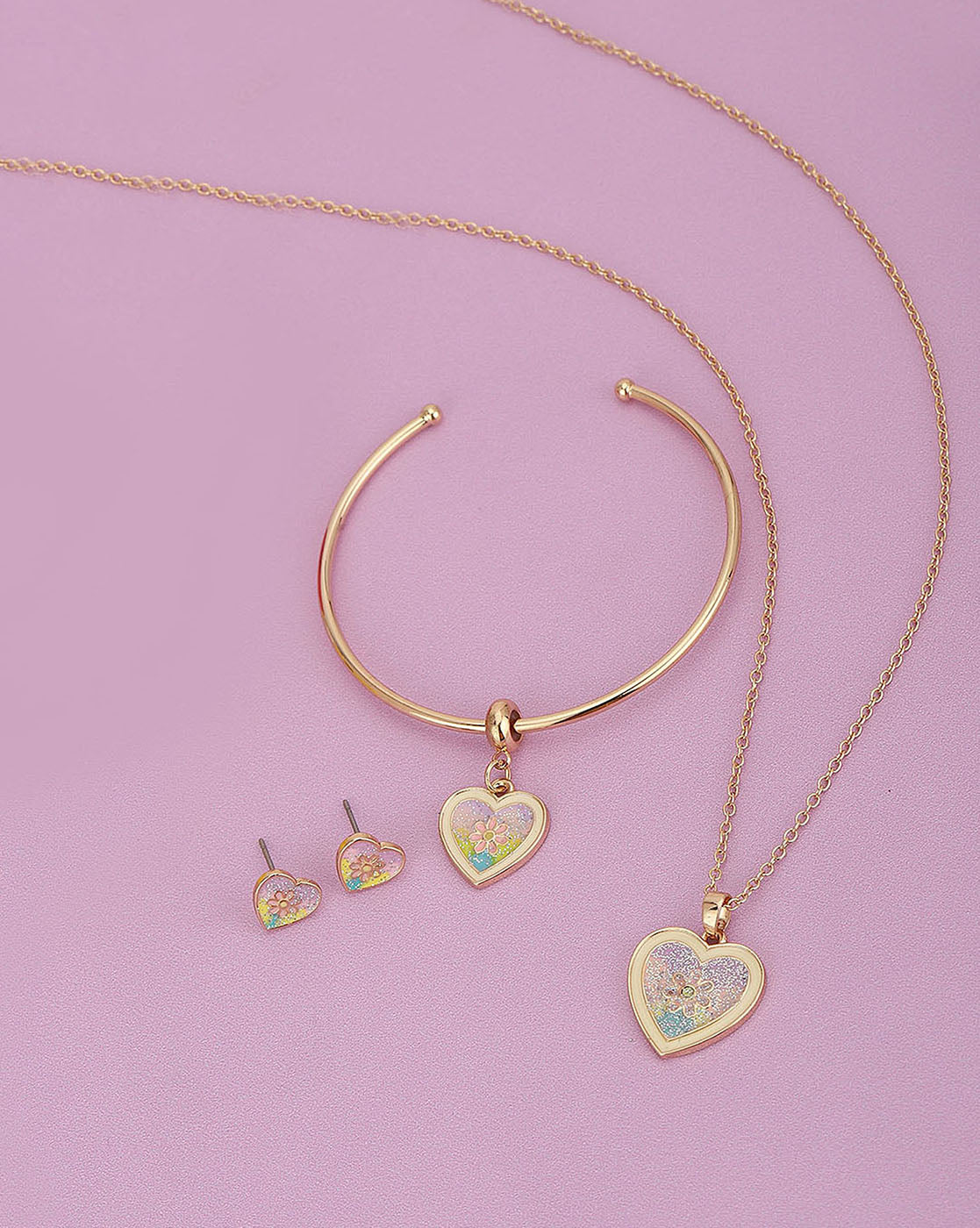 Gold Plated With Enamel &amp; Heart Jewellery Set For Girl