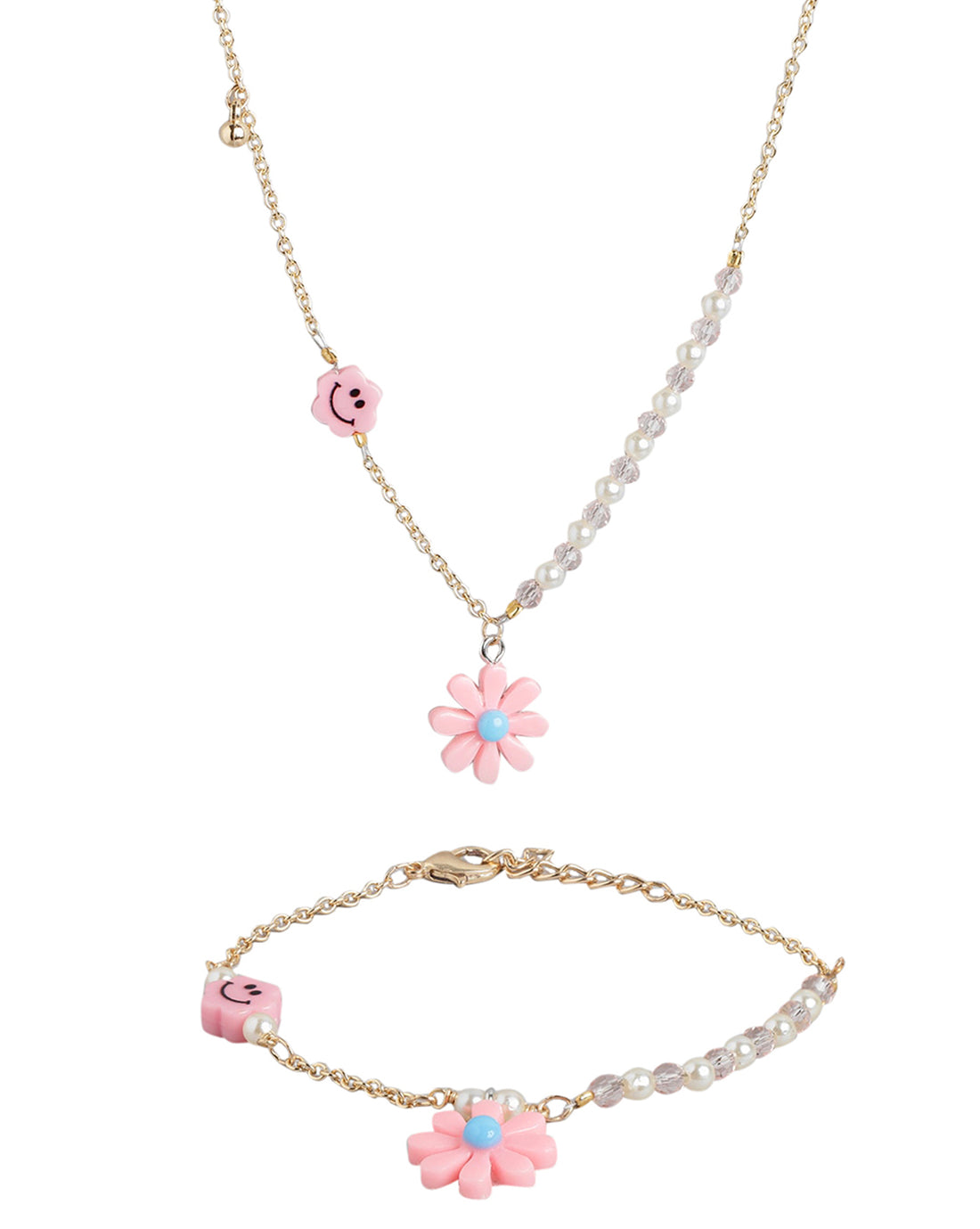 Gold Plated with Floral &amp; Smiley Beads Jewellery Set for girl