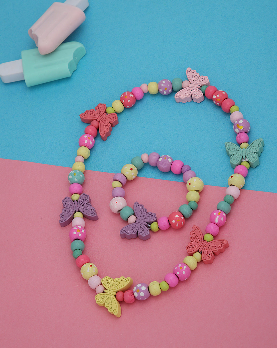 Multi Colour DIY Wooden Beaded and Butterfly Kids Jewellery Set for Girl