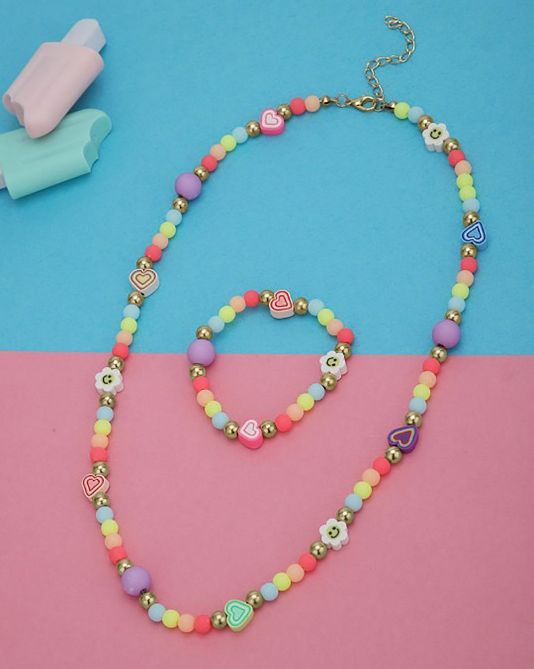 Gold Plated Colorful Beads and Heart Kids Jewellery Set for Girl