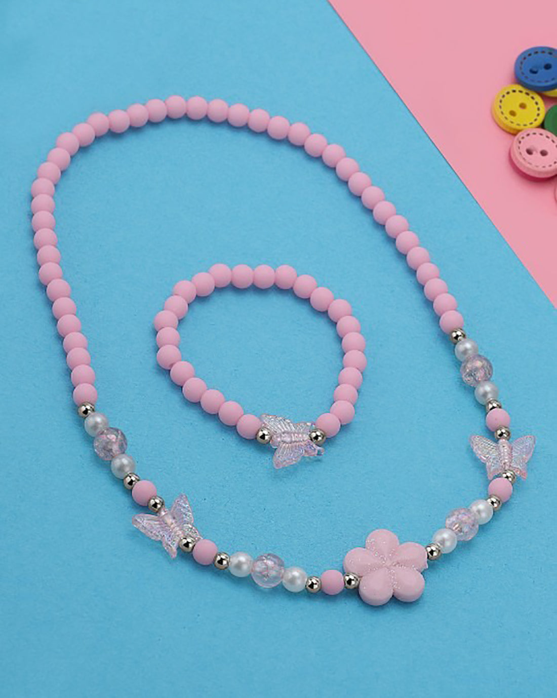 Pink Color Beaded Garden themed Kids Jewellery Set for Girl