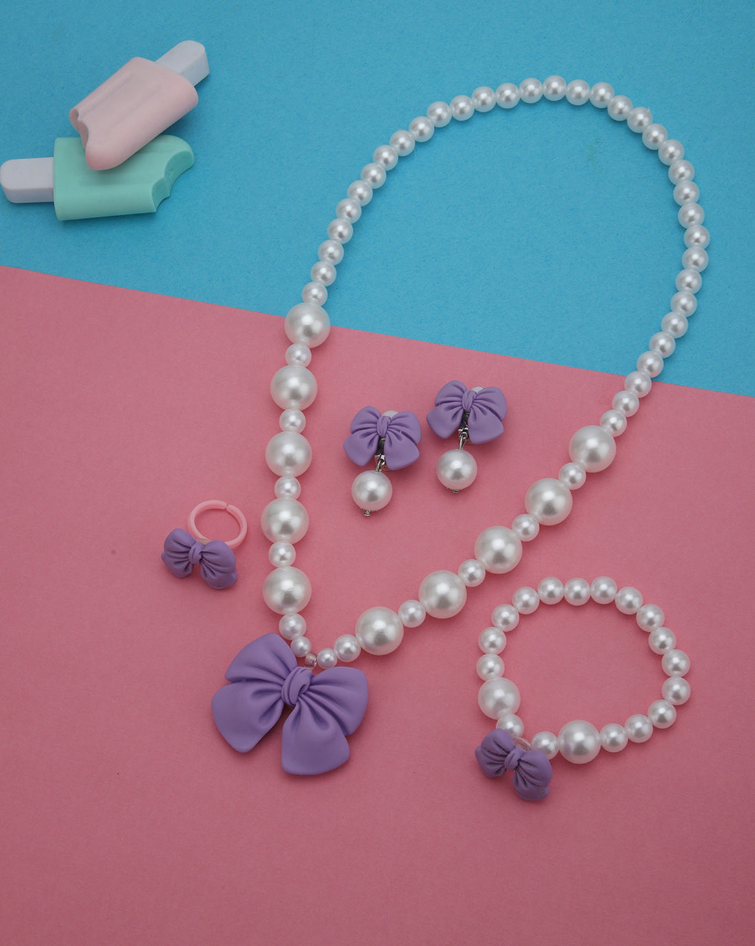 White Toned Hanging Bow and Pearl Jewellery Set for Girl