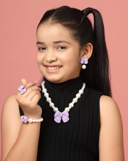 White Toned Hanging Bow and Pearl Jewellery Set for Girl
