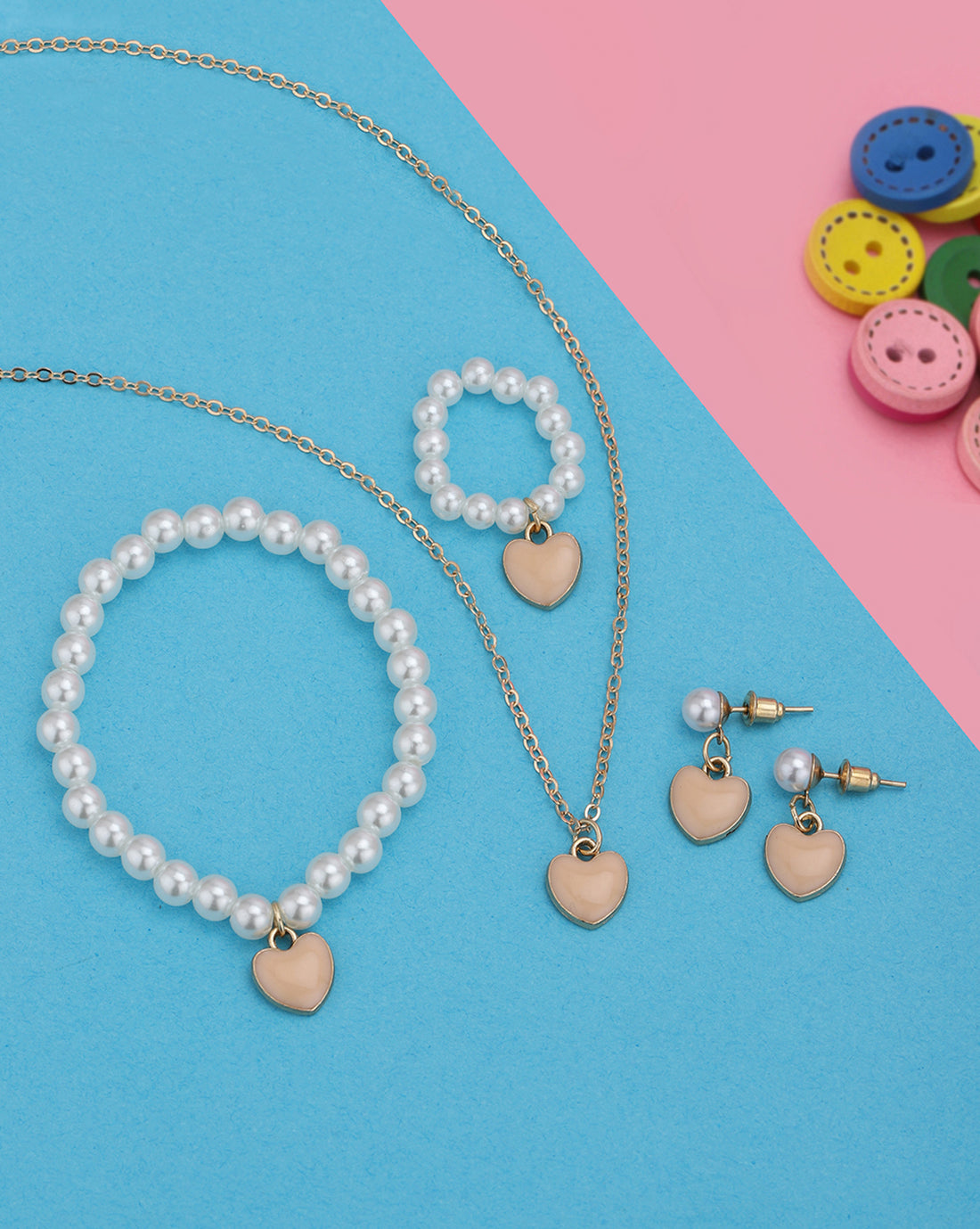 Gold Plated Pearl and Enamel Dangling Heart Jewellery Set for Girl