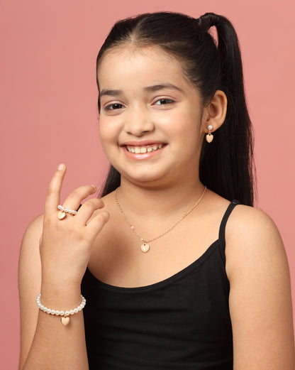 Gold Plated Pearl and Enamel Dangling Heart Jewellery Set for Girl