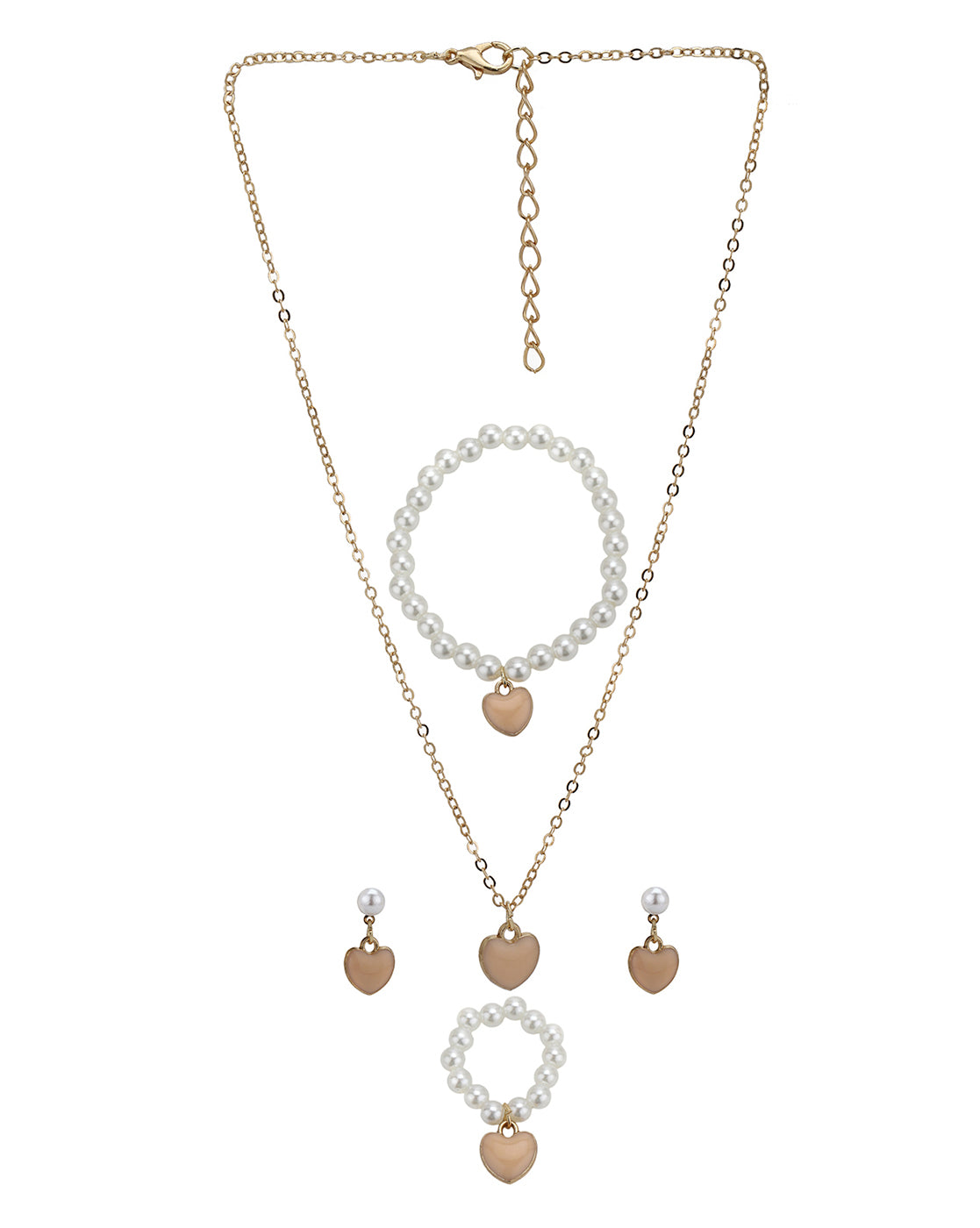 Gold Plated Pearl and Enamel Dangling Heart Jewellery Set for Girl