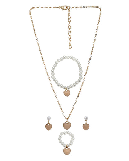 Gold Plated Pearl and Enamel Dangling Heart Jewellery Set for Girl