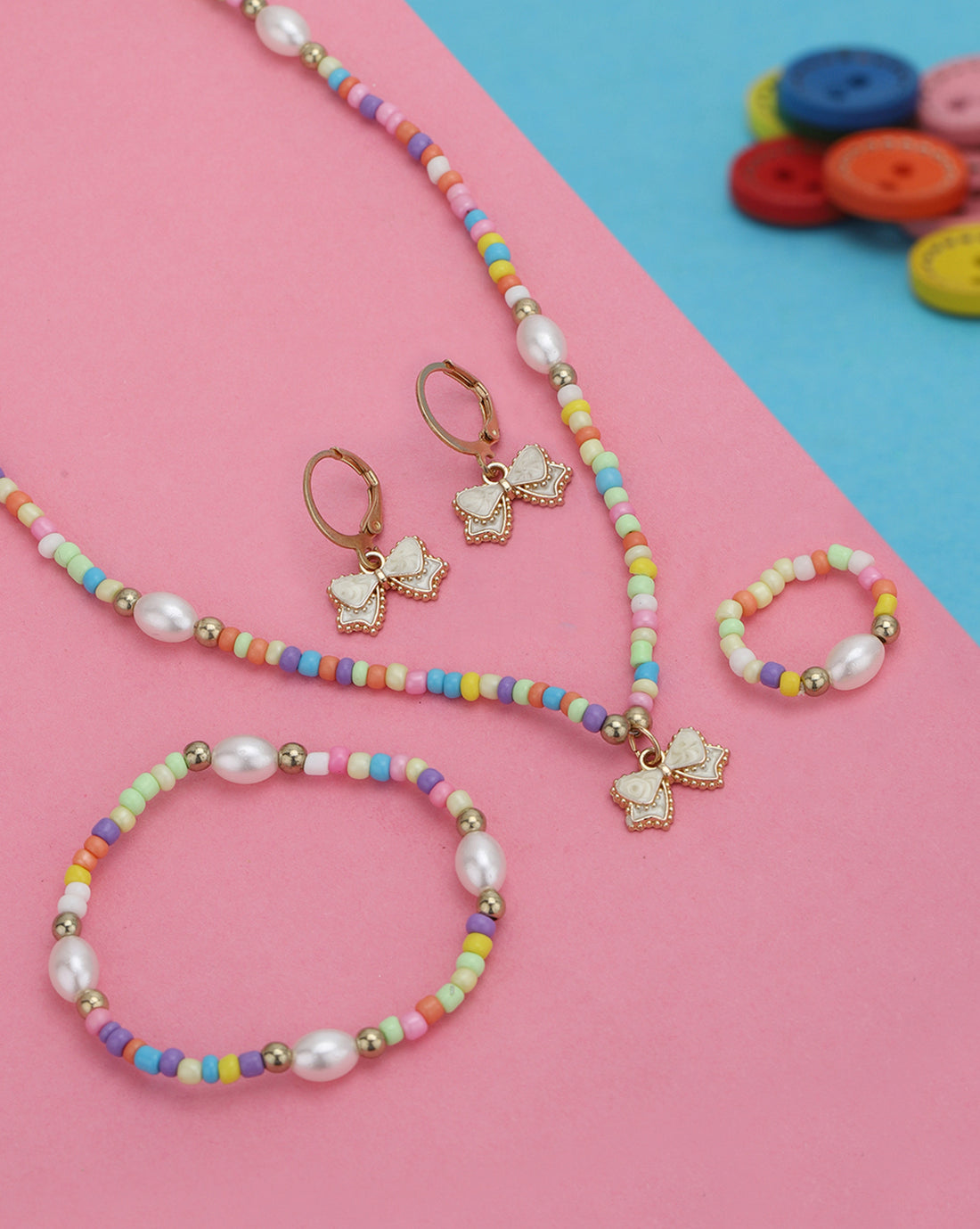 Gold Plated Colorful Beads Pearl and Dangling Bow Enamel Jewellery Set for Girl