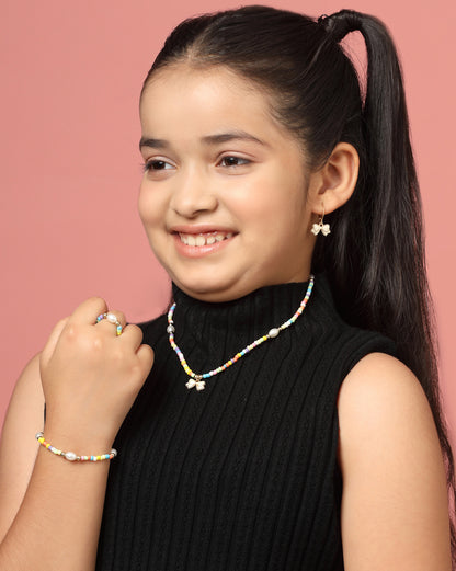 Gold Plated Colorful Beads Pearl and Dangling Bow Enamel Jewellery Set for Girl