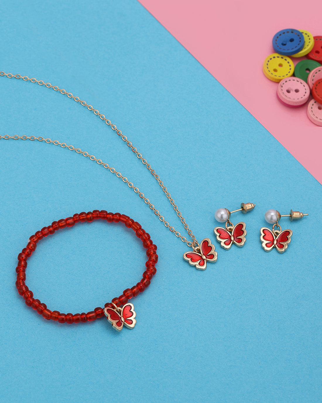 Rose Gold Plated Pearl Red Shell Butterfly Jewellery Set for Girl
