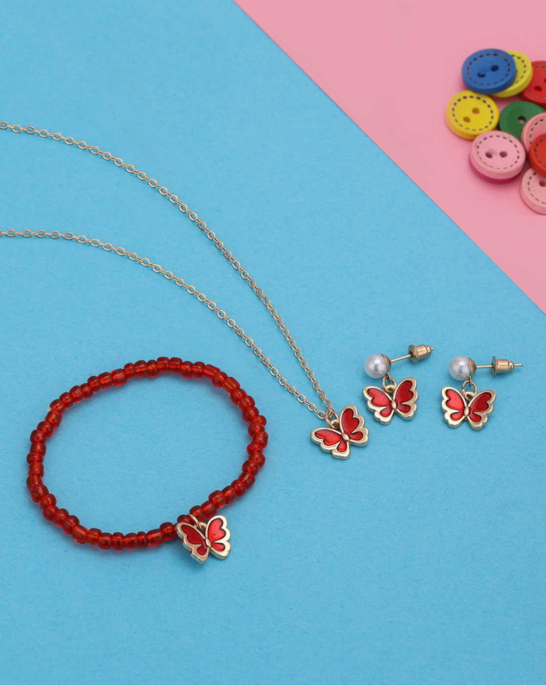 Rose Gold Plated Pearl Red Shell Butterfly Jewellery Set for Girl