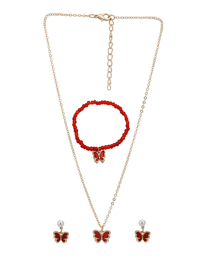 Rose Gold Plated Pearl Red Shell Butterfly Jewellery Set for Girl