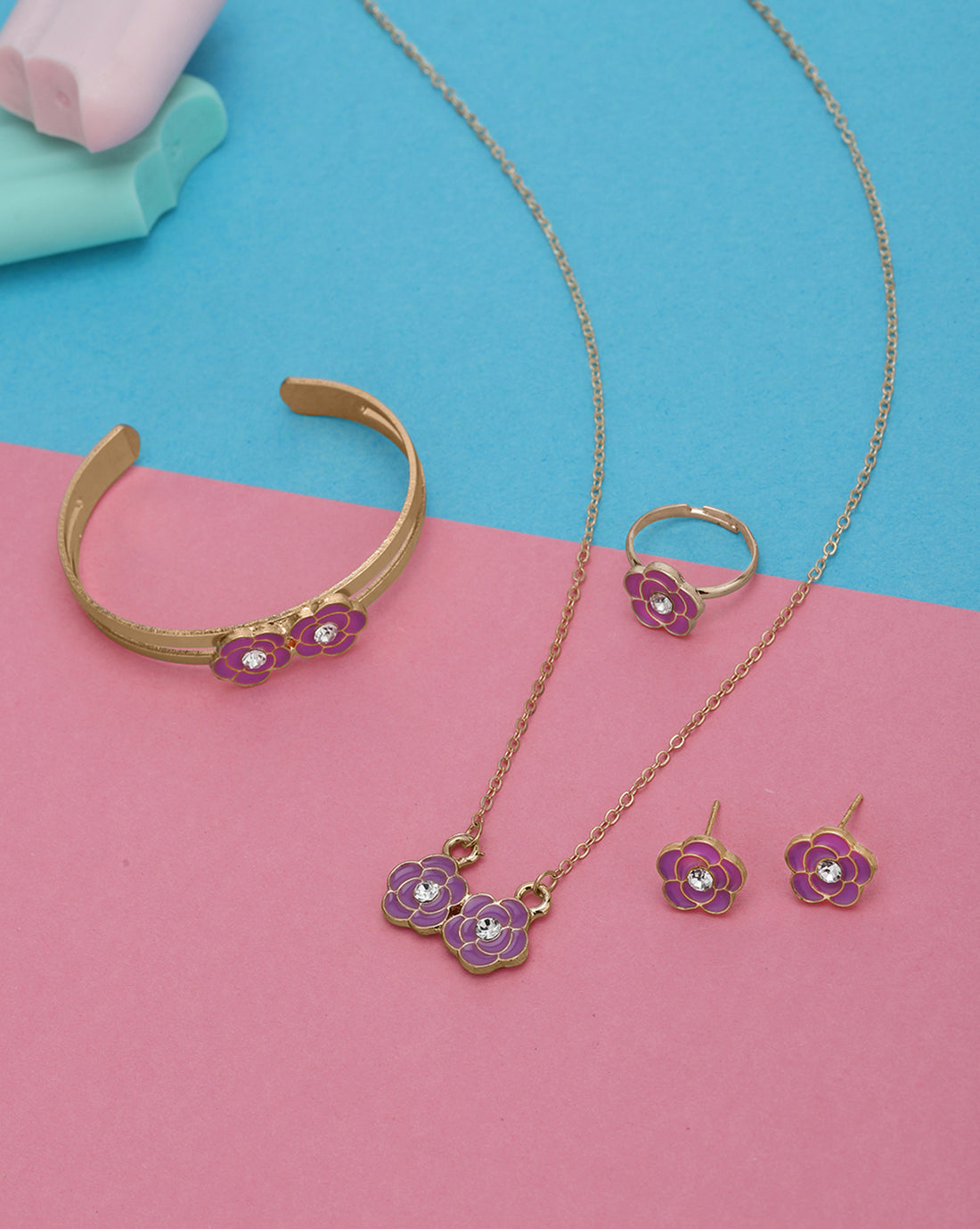 Rose Gold Plated CZ Purple Floral Enamel Jewellery Set for Girl