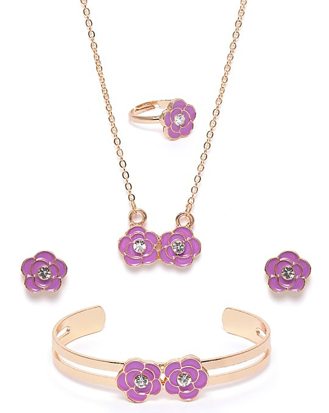 Rose Gold Plated CZ Purple Floral Enamel Jewellery Set for Girl