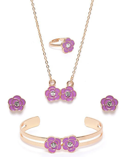 Rose Gold Plated CZ Purple Floral Enamel Jewellery Set for Girl