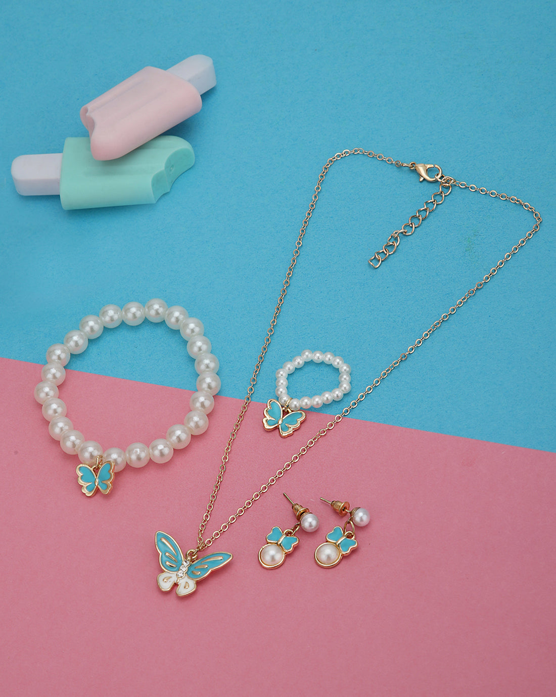 Rose Gold Plated Pearl and Butterfly Bow Enamel Fancy Jewellery Set for Girl